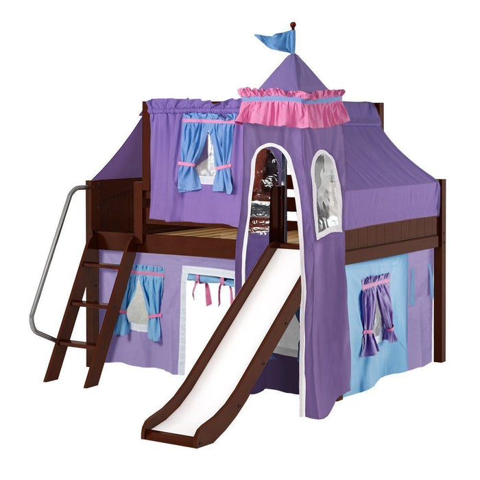 Maxtrix Full Low Loft Bed with Angled Ladder, Curtain, Top Tent, Tower + Slide