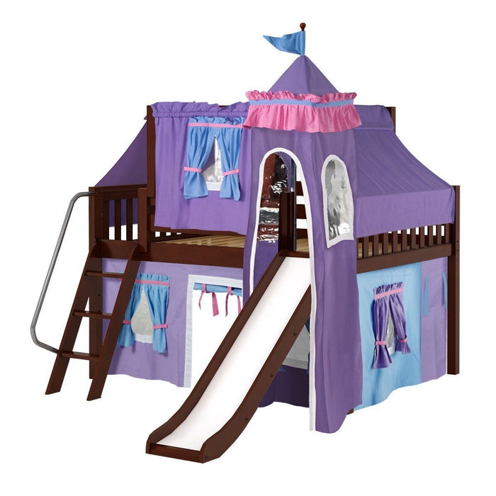 Maxtrix Full Low Loft Bed with Angled Ladder, Curtain, Top Tent, Tower + Slide