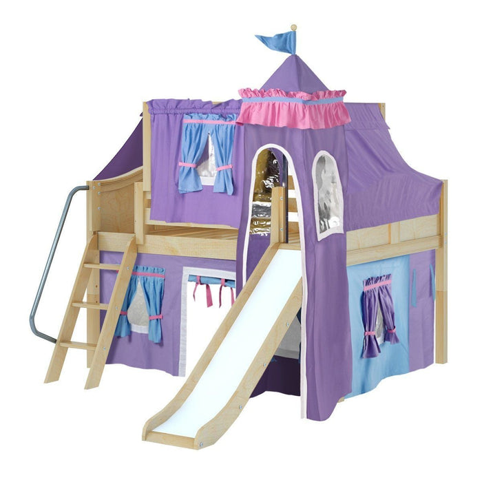 Maxtrix Full Low Loft Bed with Angled Ladder, Curtain, Top Tent, Tower + Slide