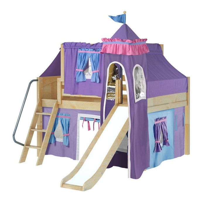 Maxtrix Full Low Loft Bed with Angled Ladder, Curtain, Top Tent, Tower + Slide