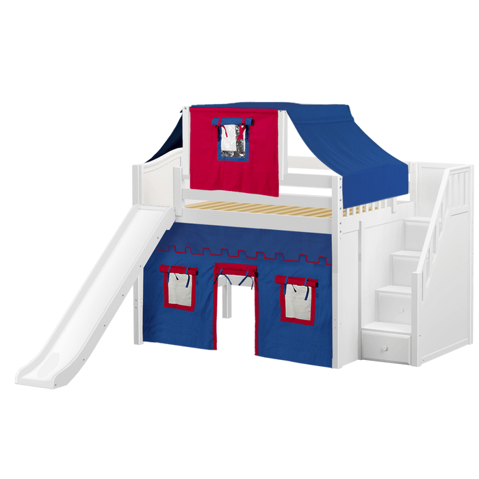 Maxtrix Full Mid Loft Bed with Stairs, Curtain, Top Tent + Slide