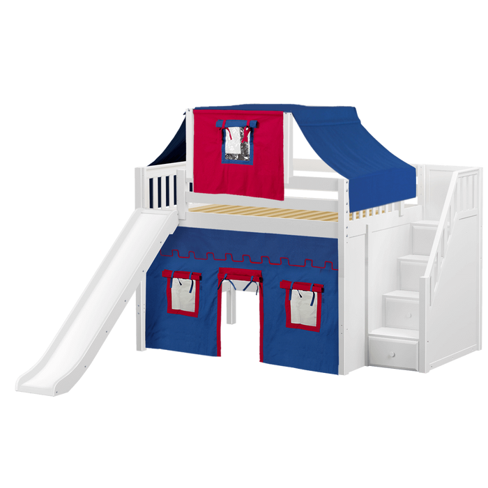 Maxtrix Full Mid Loft Bed with Stairs, Curtain, Top Tent + Slide