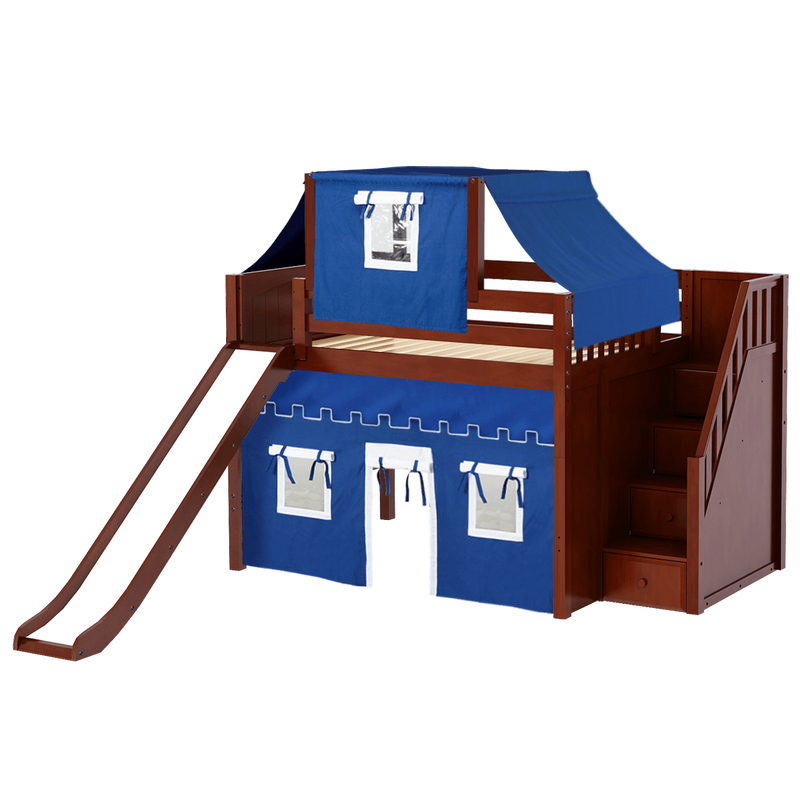 Maxtrix Full Mid Loft Bed with Stairs, Curtain, Top Tent + Slide