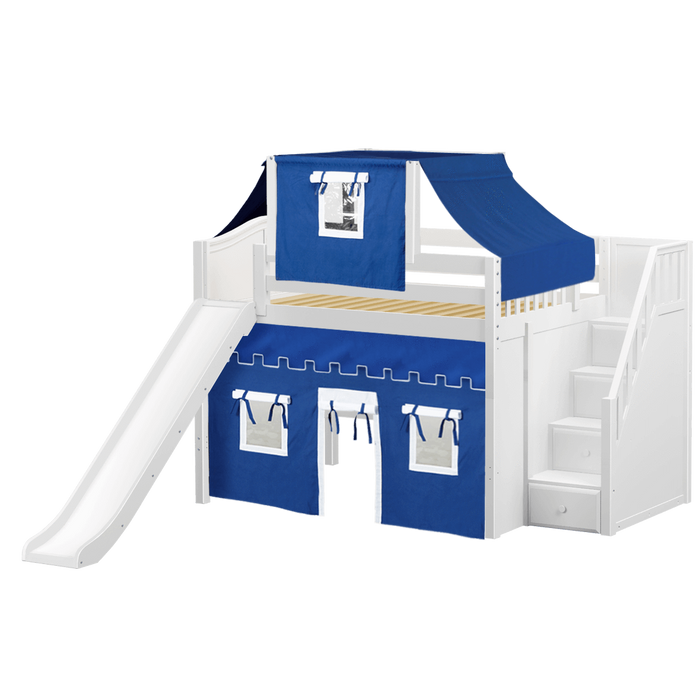 Maxtrix Full Mid Loft Bed with Stairs, Curtain, Top Tent + Slide