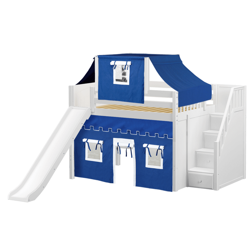 Maxtrix Full Mid Loft Bed with Stairs, Curtain, Top Tent + Slide