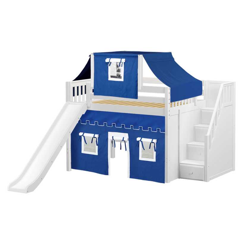 Maxtrix Full Mid Loft Bed with Stairs, Curtain, Top Tent + Slide