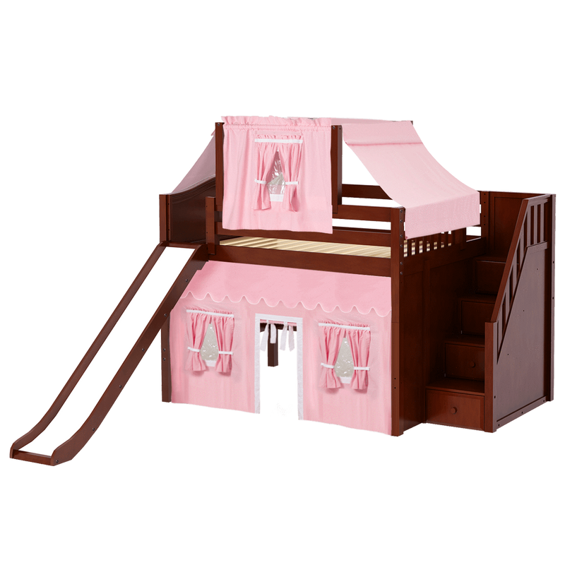 Maxtrix Full Mid Loft Bed with Stairs, Curtain, Top Tent + Slide