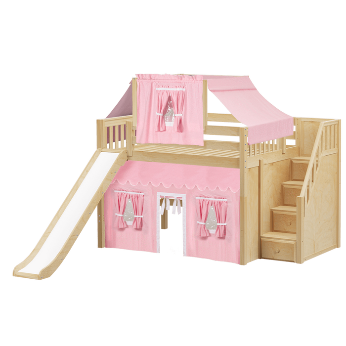 Maxtrix Full Mid Loft Bed with Stairs, Curtain, Top Tent + Slide