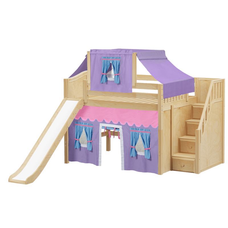 Maxtrix Full Mid Loft Bed with Stairs, Curtain, Top Tent + Slide