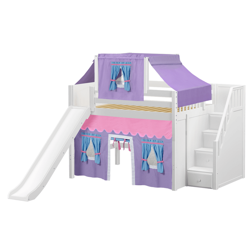 Maxtrix Full Mid Loft Bed with Stairs, Curtain, Top Tent + Slide