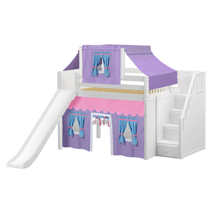 Maxtrix Full Mid Loft Bed with Stairs, Curtain, Top Tent + Slide
