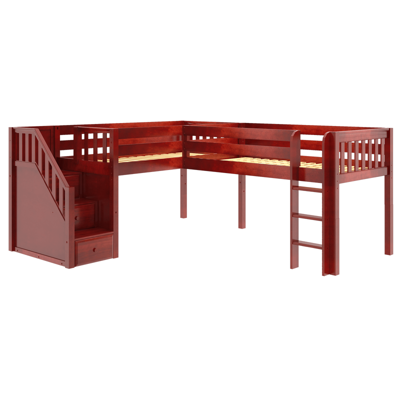 Maxtrix Twin Low Corner Loft Bed with Ladder + Stairs - L