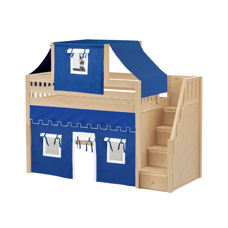 Maxtrix Twin Mid Loft Bed with Stairs, Curtain + Top Tent