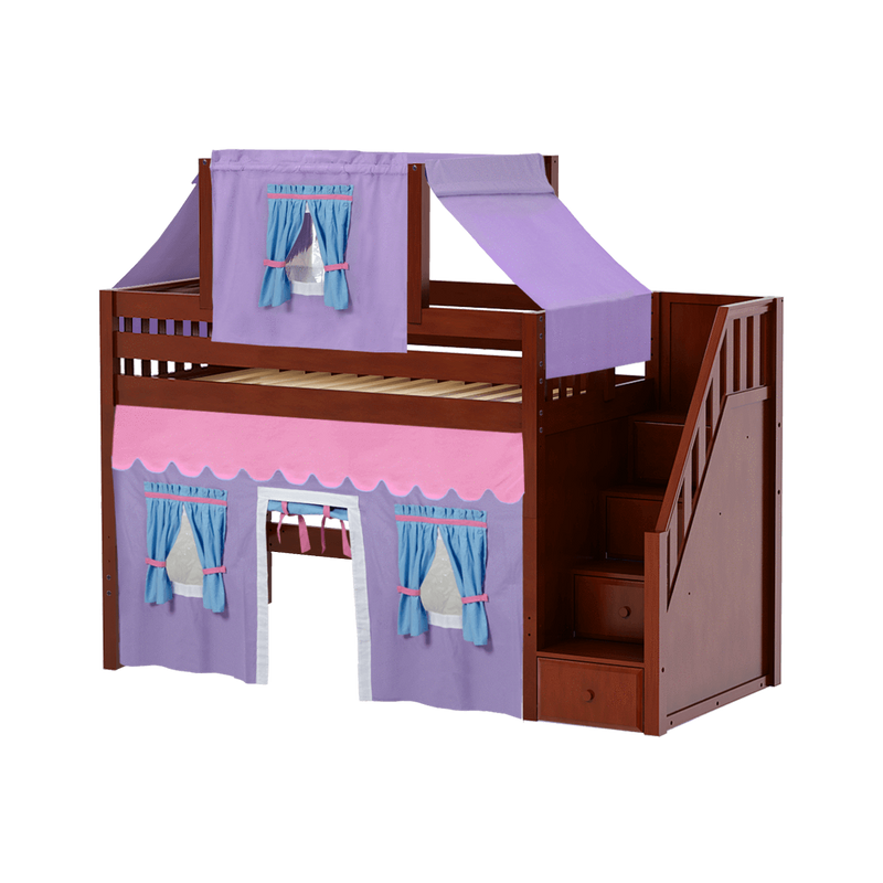Maxtrix Twin Mid Loft Bed with Stairs, Curtain + Top Tent