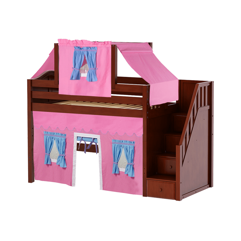 Maxtrix Twin Mid Loft Bed with Stairs, Curtain + Top Tent