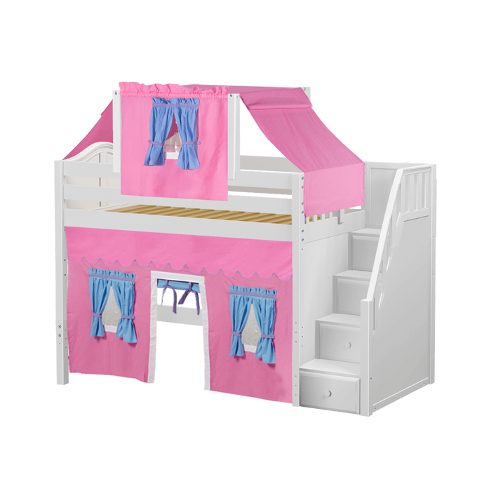 Maxtrix Twin Mid Loft Bed with Stairs, Curtain + Top Tent