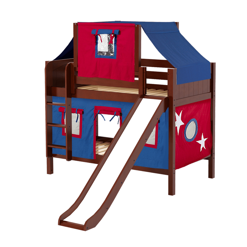 Maxtrix Twin Low Bunk Bed with Straight Ladder, Curtain, Top Tent + Slide