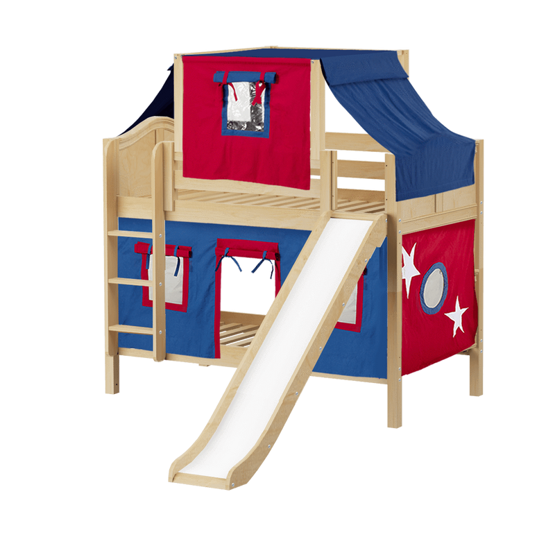 Maxtrix Twin Low Bunk Bed with Straight Ladder, Curtain, Top Tent + Slide
