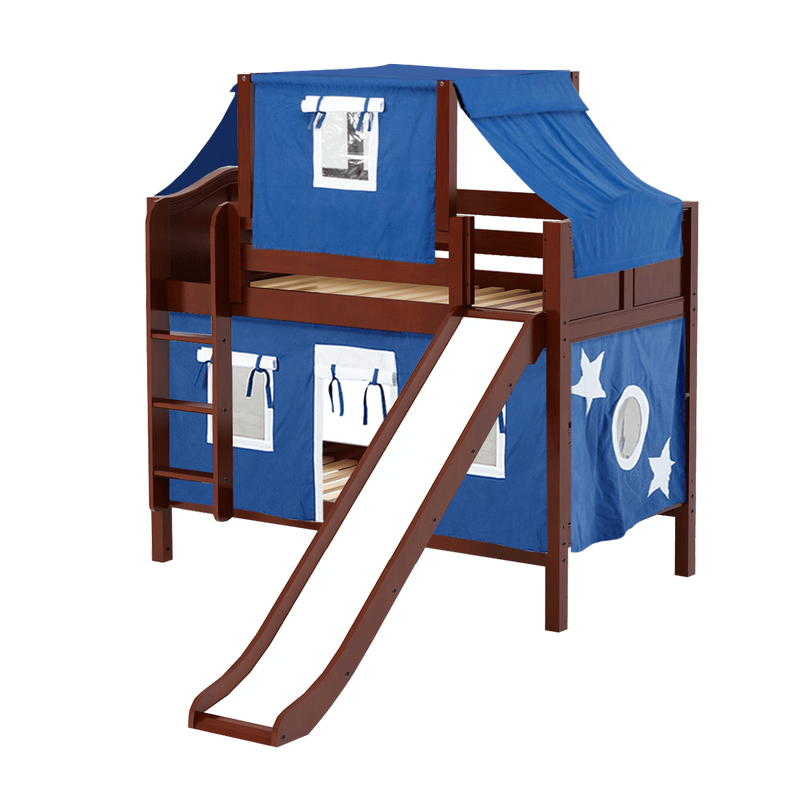 Maxtrix Twin Low Bunk Bed with Straight Ladder, Curtain, Top Tent + Slide
