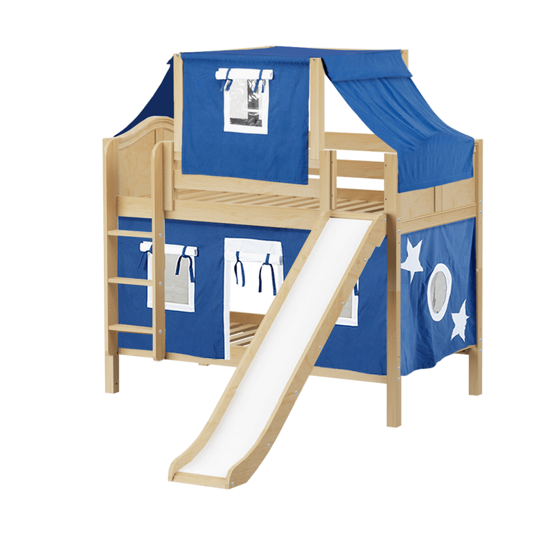 Maxtrix Twin Low Bunk Bed with Straight Ladder, Curtain, Top Tent + Slide