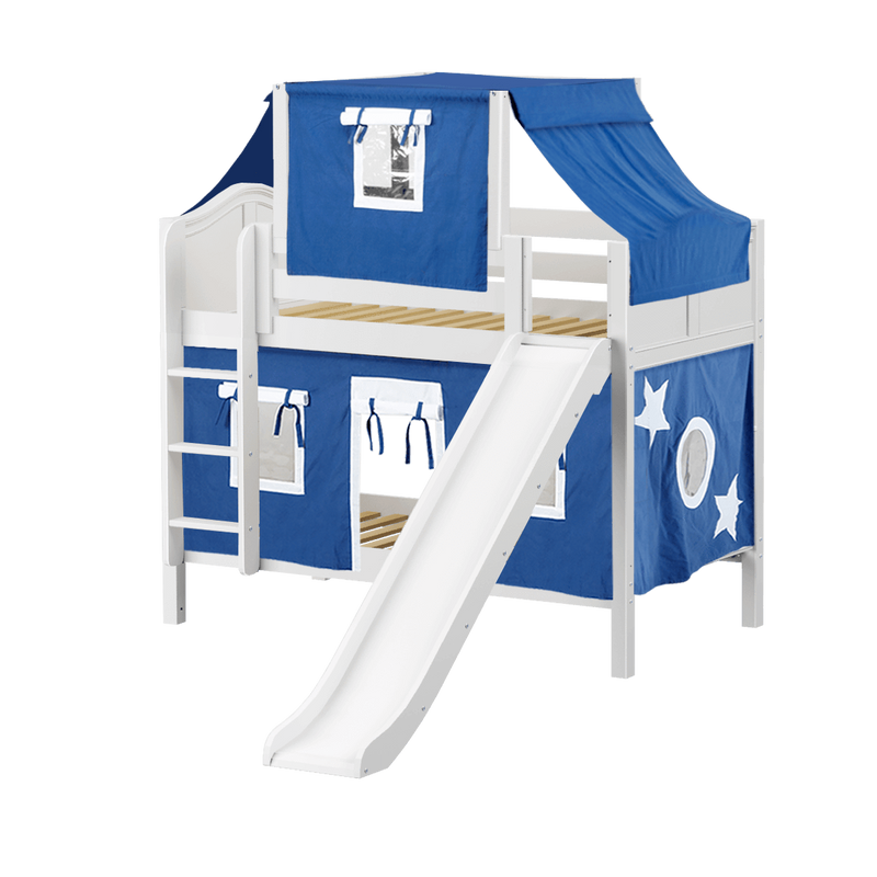 Maxtrix Twin Low Bunk Bed with Straight Ladder, Curtain, Top Tent + Slide