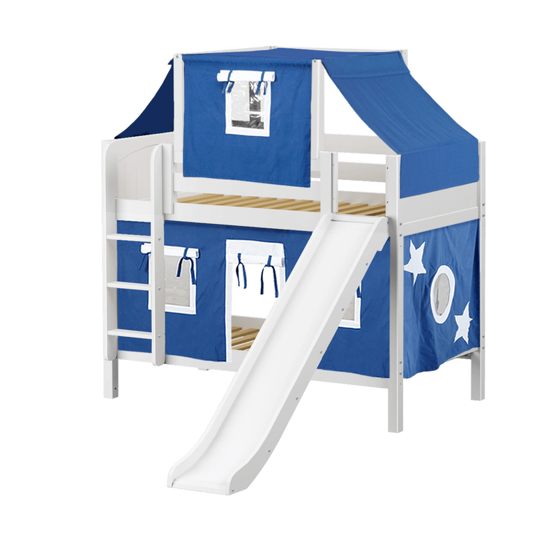 Maxtrix Twin Low Bunk Bed with Straight Ladder, Curtain, Top Tent + Slide