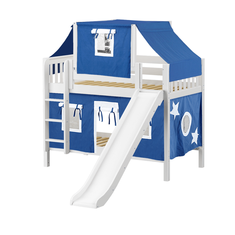 Maxtrix Twin Low Bunk Bed with Straight Ladder, Curtain, Top Tent + Slide