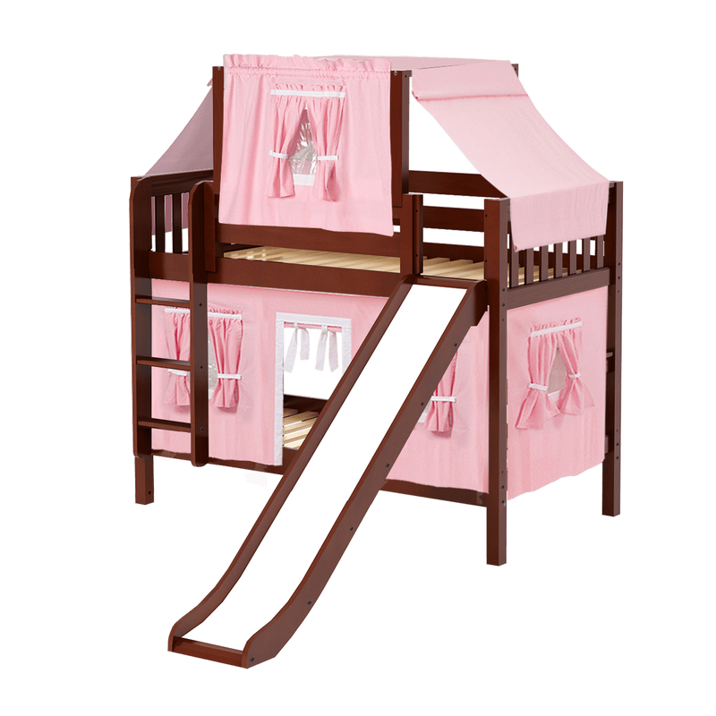 Maxtrix Twin Low Bunk Bed with Straight Ladder, Curtain, Top Tent + Slide