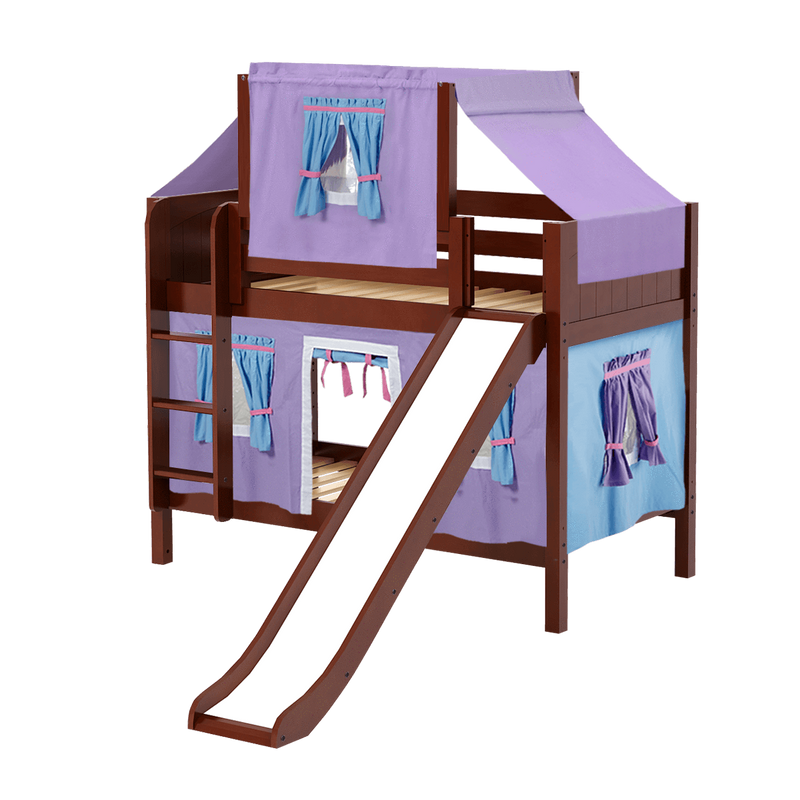 Maxtrix Twin Low Bunk Bed with Straight Ladder, Curtain, Top Tent + Slide