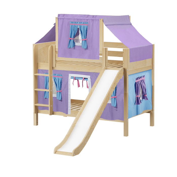 Maxtrix Twin Low Bunk Bed with Straight Ladder, Curtain, Top Tent + Slide