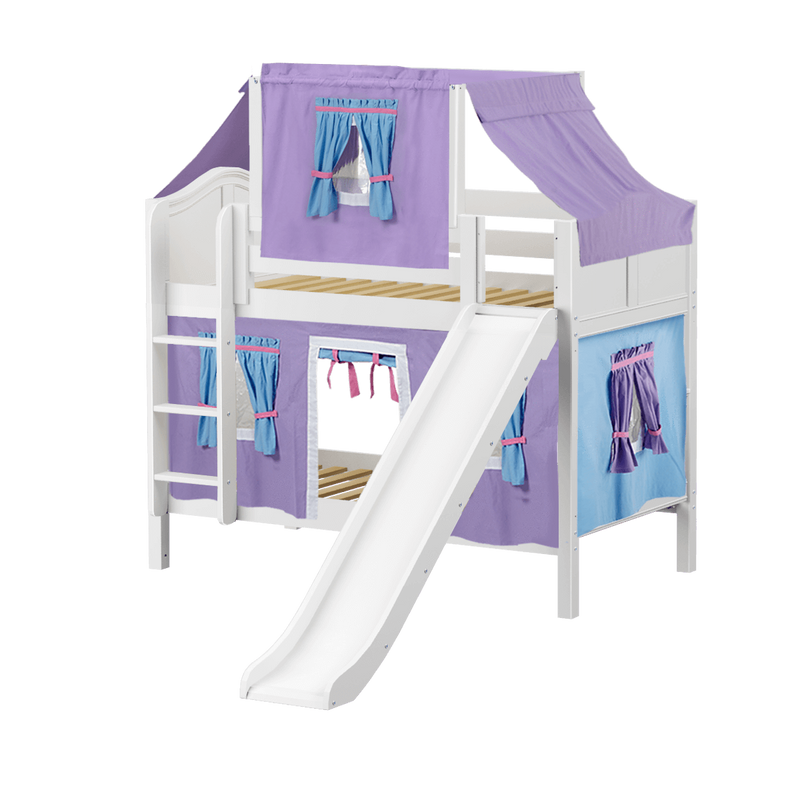 Maxtrix Twin Low Bunk Bed with Straight Ladder, Curtain, Top Tent + Slide