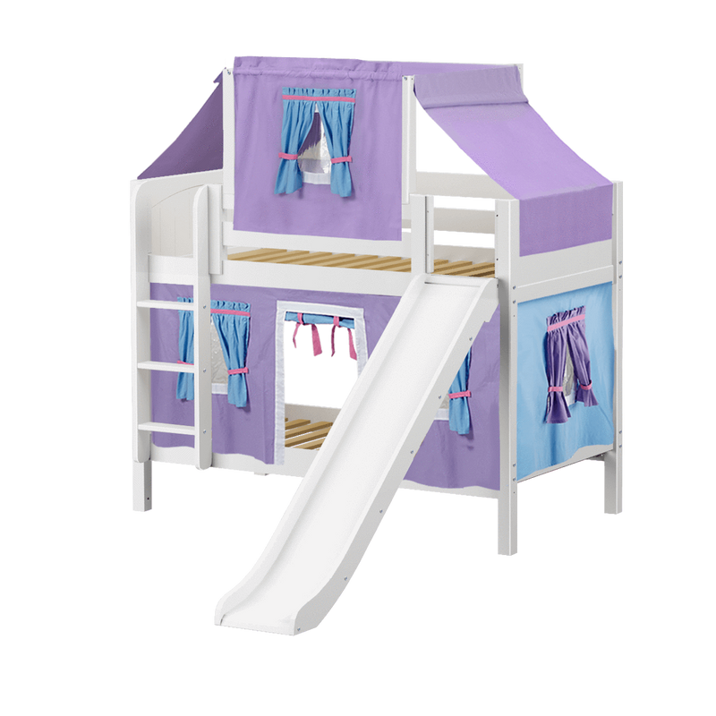 Maxtrix Twin Low Bunk Bed with Straight Ladder, Curtain, Top Tent + Slide