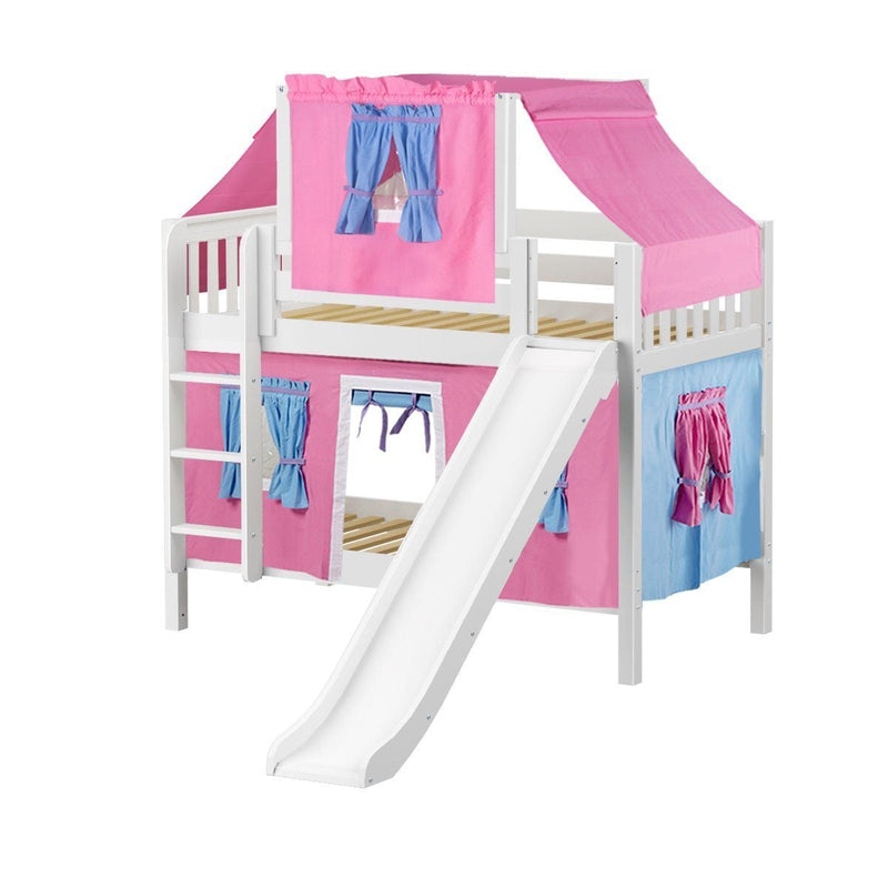 Maxtrix Twin Low Bunk Bed with Straight Ladder, Curtain, Top Tent + Slide