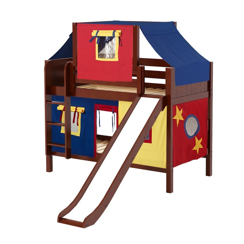 Maxtrix Twin Low Bunk Bed with Straight Ladder, Curtain, Top Tent + Slide