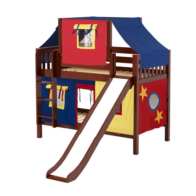 Maxtrix Twin Low Bunk Bed with Straight Ladder, Curtain, Top Tent + Slide
