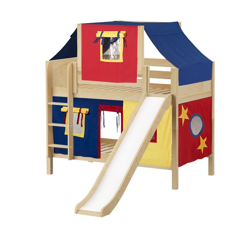 Maxtrix Twin Low Bunk Bed with Straight Ladder, Curtain, Top Tent + Slide