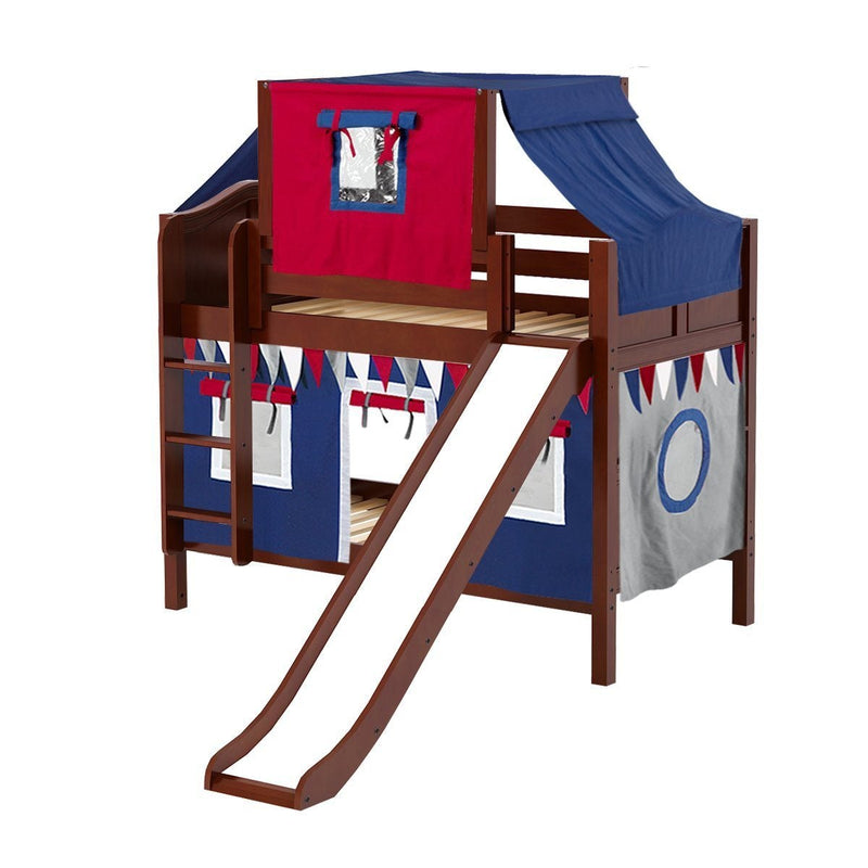 Maxtrix Twin Low Bunk Bed with Straight Ladder, Curtain, Top Tent + Slide