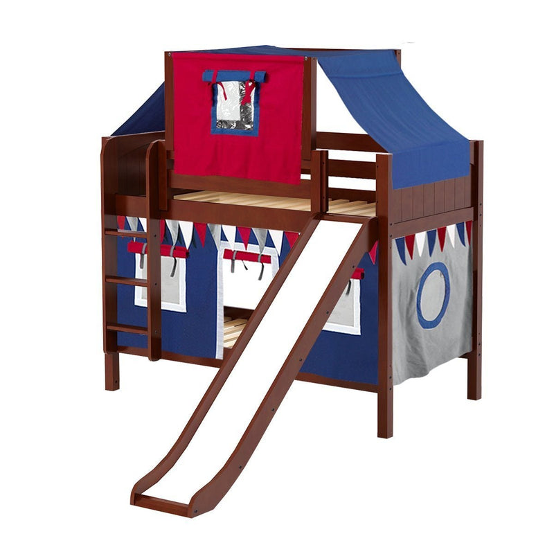 Maxtrix Twin Low Bunk Bed with Straight Ladder, Curtain, Top Tent + Slide