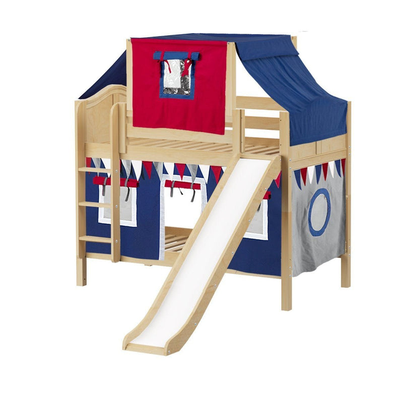 Maxtrix Twin Low Bunk Bed with Straight Ladder, Curtain, Top Tent + Slide