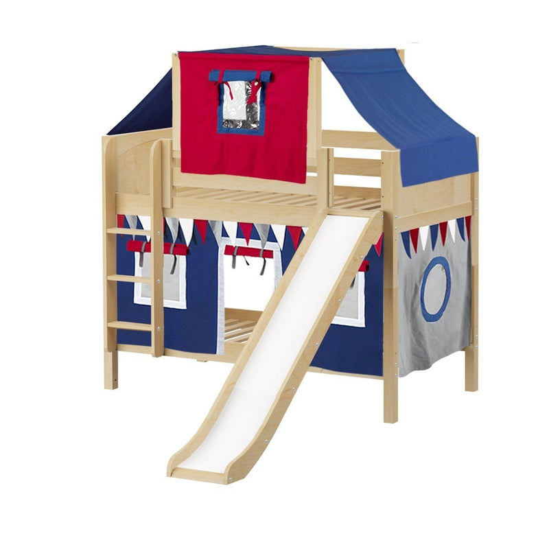 Maxtrix Twin Low Bunk Bed with Straight Ladder, Curtain, Top Tent + Slide