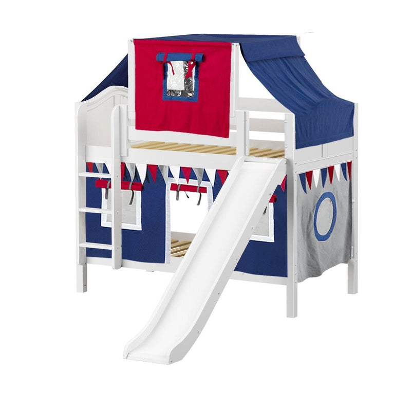 Maxtrix Twin Low Bunk Bed with Straight Ladder, Curtain, Top Tent + Slide