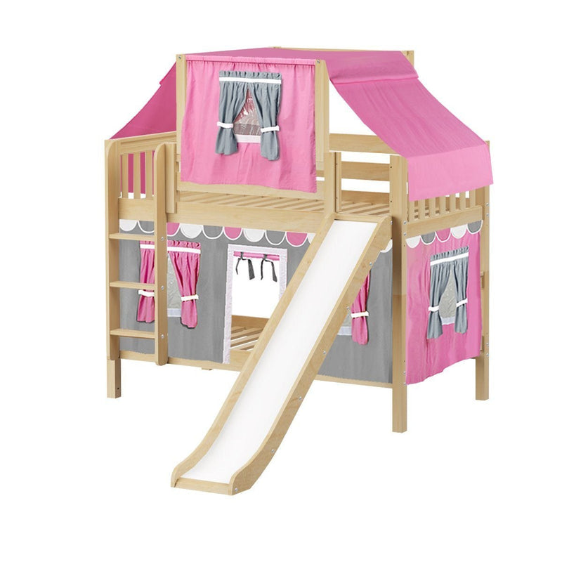 Maxtrix Twin Low Bunk Bed with Straight Ladder, Curtain, Top Tent + Slide