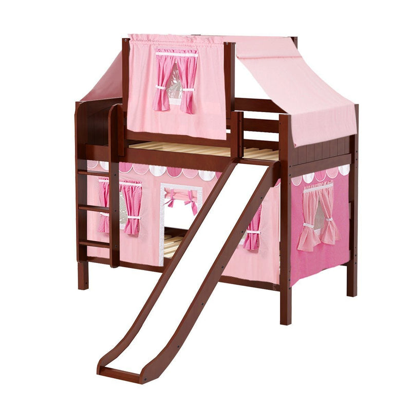 Maxtrix Twin Low Bunk Bed with Straight Ladder, Curtain, Top Tent + Slide