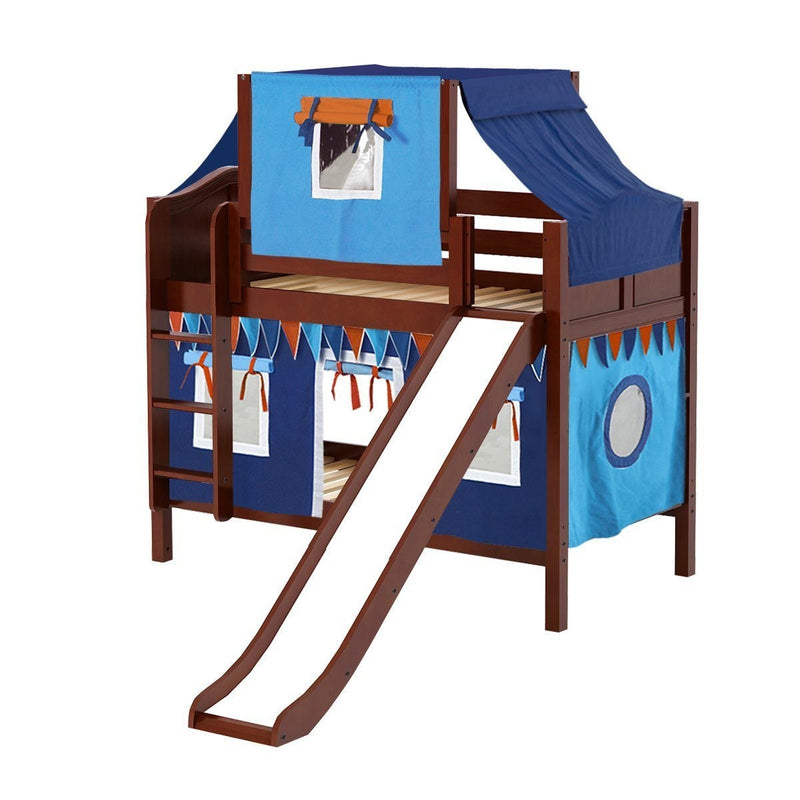 Maxtrix Twin Low Bunk Bed with Straight Ladder, Curtain, Top Tent + Slide