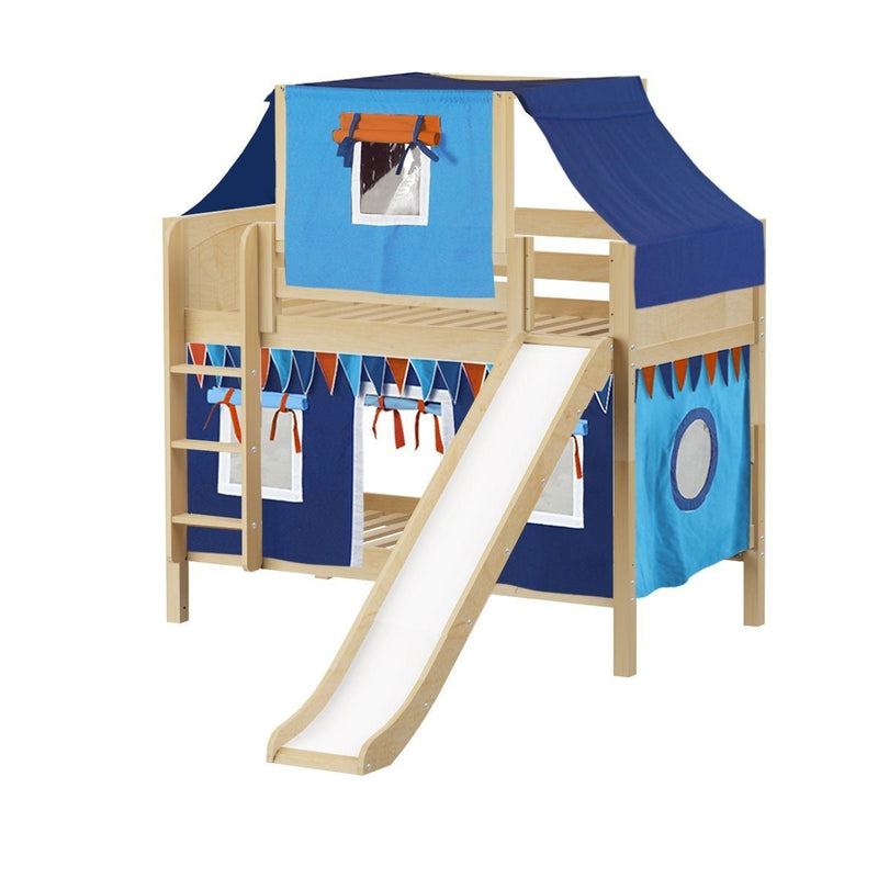 Maxtrix Twin Low Bunk Bed with Straight Ladder, Curtain, Top Tent + Slide
