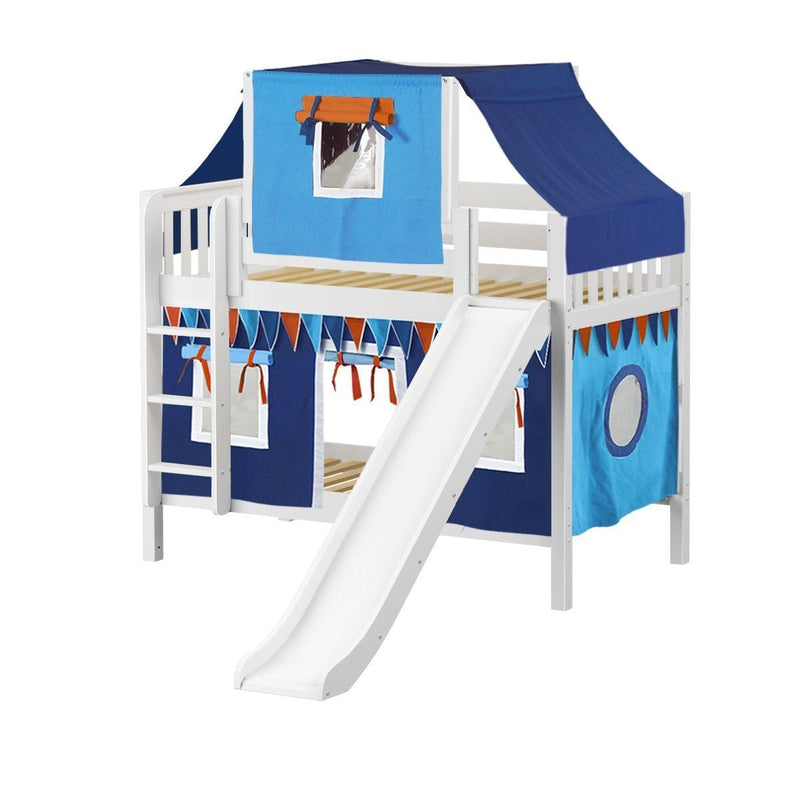 Maxtrix Twin Low Bunk Bed with Straight Ladder, Curtain, Top Tent + Slide