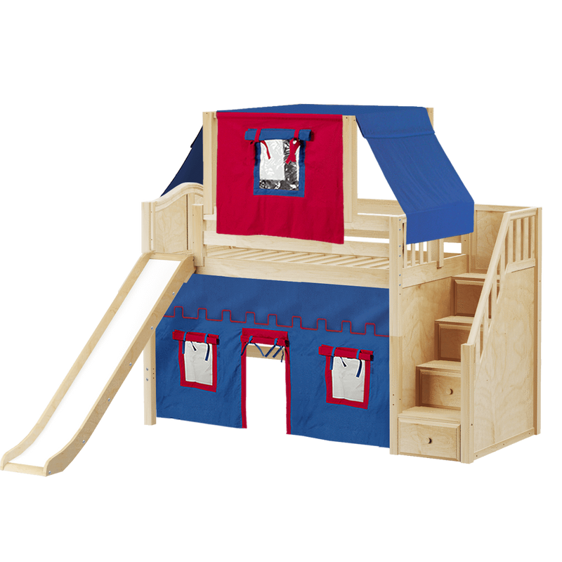 Maxtrix Twin Mid Loft Bed with Stairs, Curtain, Top Tent + Slide