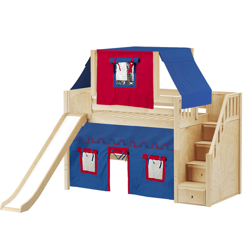 Maxtrix Twin Mid Loft Bed with Stairs, Curtain, Top Tent + Slide