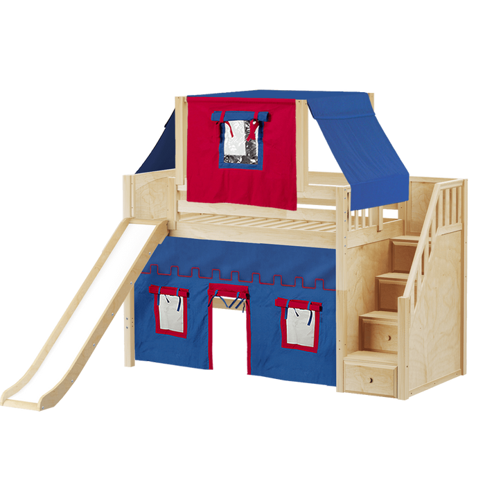 Maxtrix Twin Mid Loft Bed with Stairs, Curtain, Top Tent + Slide