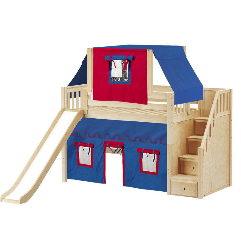 Maxtrix Twin Mid Loft Bed with Stairs, Curtain, Top Tent + Slide